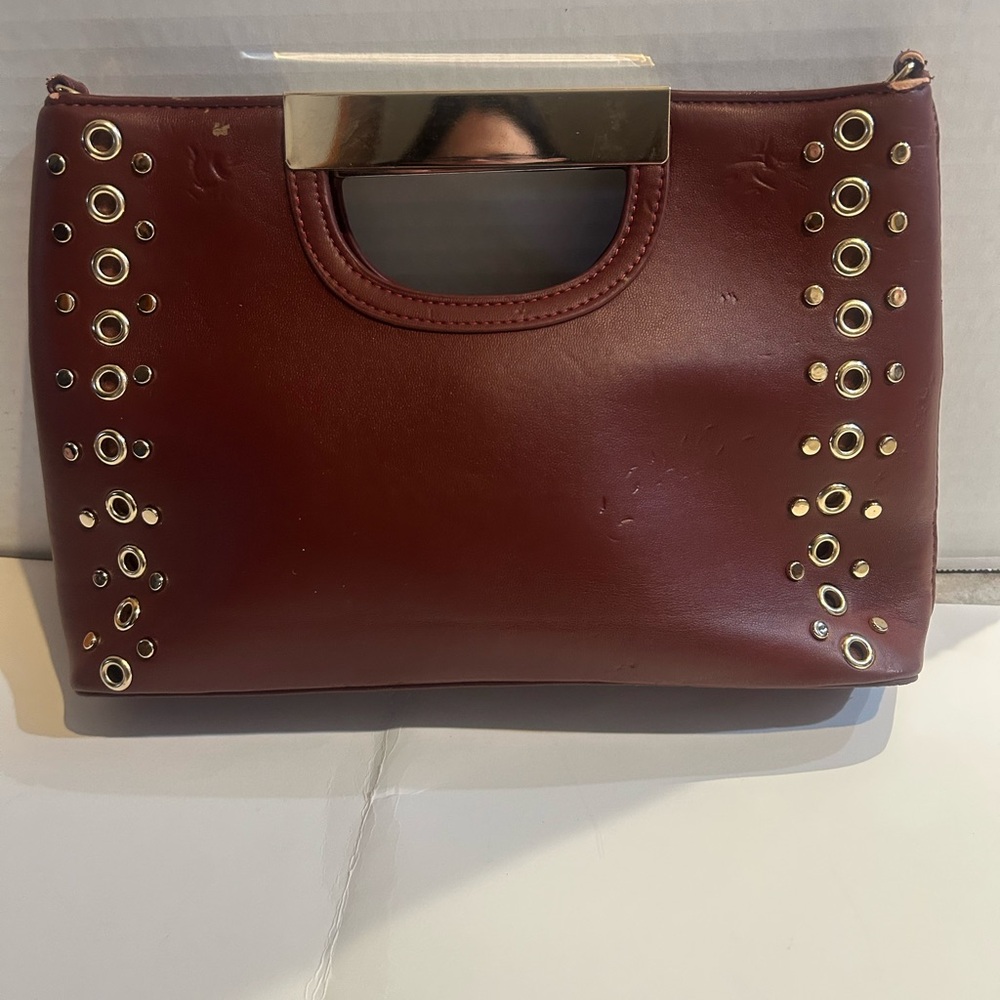 White House Black Market Burgundy Studded Clutch w/ Metal Handle -Gold hardware